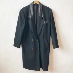 Vintage ADA Wool-blend Long Black Coat with Leather Trim Womens 7/ 8